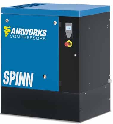 AIRWORKS SPINN SCHROEFCOMPRESSOREN TECHNISCHE SPECIFICATIES: Spanning Vermogen Ketelinhoud Werkdrukken 230 en 400 volt 2.