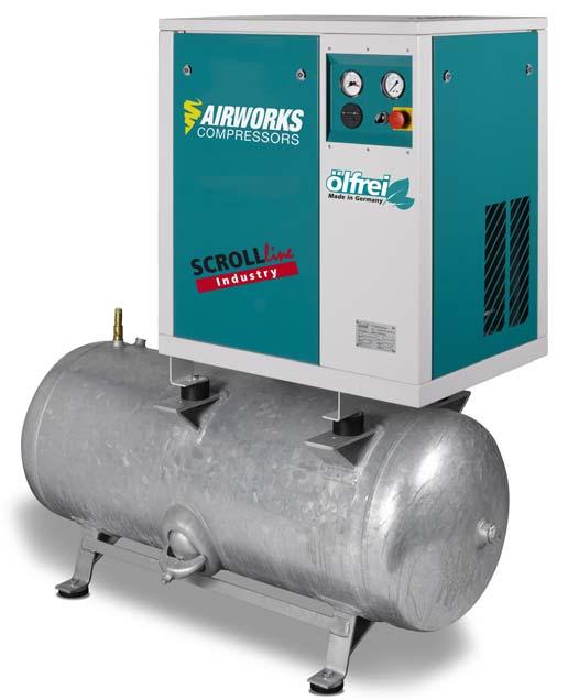 SCHROEFCOMPRESSOREN AIRWORKS OLIEVRIJE INDUSTRIËLE SCROLLCOMPRESSOREN OP HORIZONTALE PERSLUCHTKETEL TECHNISCHE SPECIFICATIES: Spanning Vermogen Werkdruk Ketelinhoud 400 volt 1.5 tot en met 7.