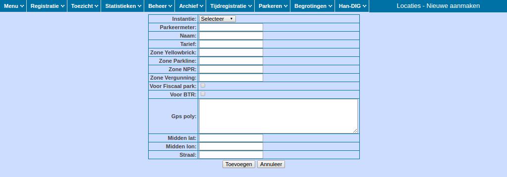 Locaties toevoegen Vanuit het locatie overzicht op het scherm, kan men door rechts bovenin het scherm op Toevoegen te klikken nieuwe locaties aanmaken.