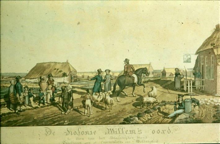 Koloniale kleding Vrije proefkolonie Willemsoord Wil Schackmann illustreert dat deze zaterdagmiddag met tal van anecdotes over de koloniebewoners, met als conclusie: mensen van 200 jaar geleden zijn