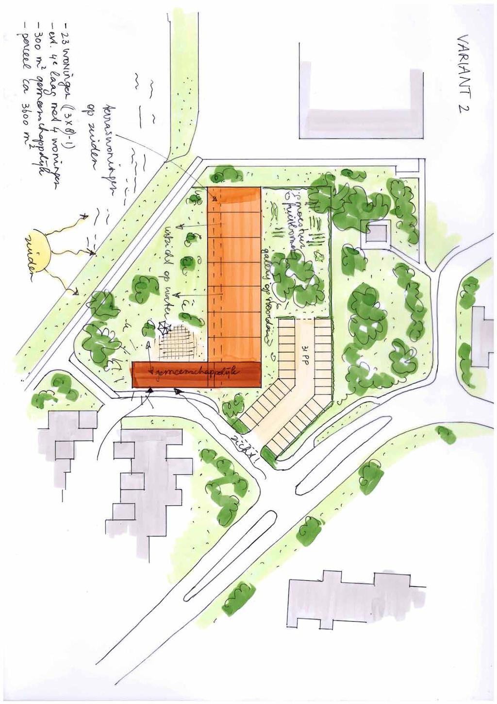 variant 2 23 woningen (3x8) - 1, 80-120 m2 evt 4e bouwlaag met 4 woningen 300 m2 gemeenschappelijke