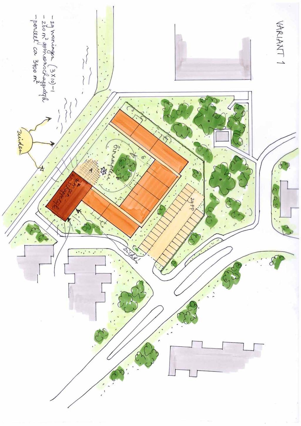 variant 1 29 woningen (3x10) - 1, gemiddeld 100 m2 260 m2 gemeenschappelijke ruimten totaal