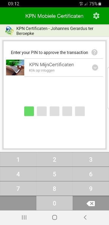 Voer de PIN-code van uw mobiele certificaat in op uw mobiele telefoon: Als de juiste PIN-code is ingevoerd volgt een bevestiging op uw telefoon: U bent nu ingelogd en de homepagina van