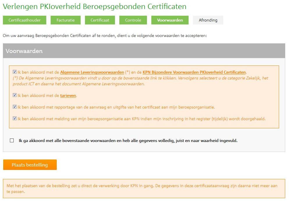 3.3.1 Bestelling plaatsen met smartcard/usb-token Indien u bent ingelogd met smartcard/usb-token dan verschijnt het volgende scherm: U dient akkoord te gaan met alle voorwaarden door het vinkje te