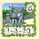De 44 serietegels in 7 soorten koningin koning tijger tuin beeld kelk poort Het getal rechtsboven geeft aan hoeveel keer deze tegel in het spel is (in dit geval 6x).
