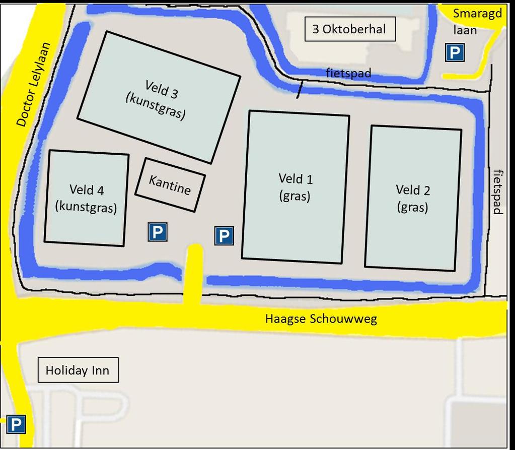 Veld indeling en terrein overzicht De wedstrijden vinden plaats op veld 1, 3, 4 -