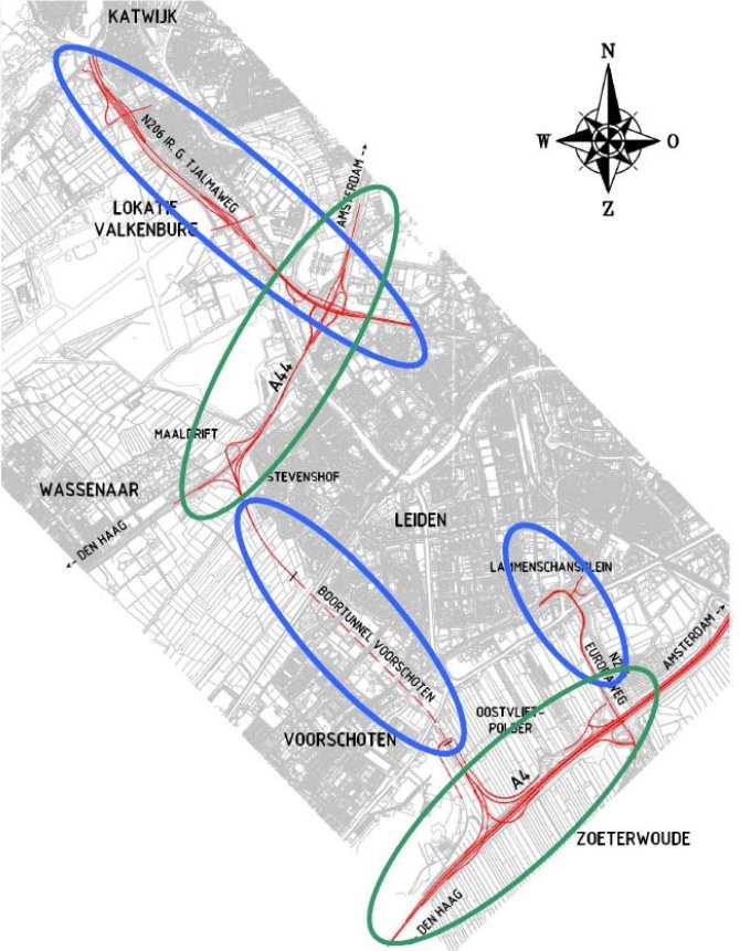 Het tracé van de RijnlandRoute wordt weergegeven middels navolgend figuur. Daarbij is onderscheid gemaakt naar de TB-tracédelen (groen omlijnd) en de PIP-tracédelen (blauw omlijnd).