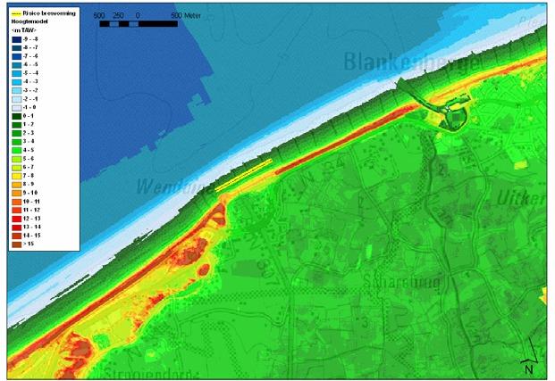 Figuur 15 Bresvorming door afslag van de natuurlijke zeewering bij een extreme storm (+8m TAW) onder huidige klimatologische omstandigheden