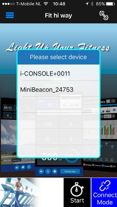 Once visible select TREADMILL. 4. If the pop up window does not appear press the Connect mode button at the bottom right of your screen. 5. Start you training session.