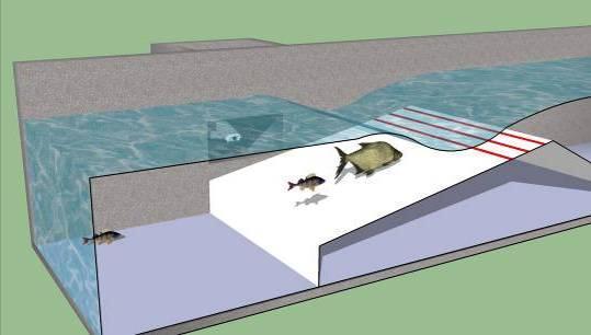 Spanning (mv) doorgang waarover een vis heen zwemt. Met dit systeem kunnen alleen vissen geteld worden. Het is niet mogelijk om vast te stellen wat de soort of de lengte van de vissen is.