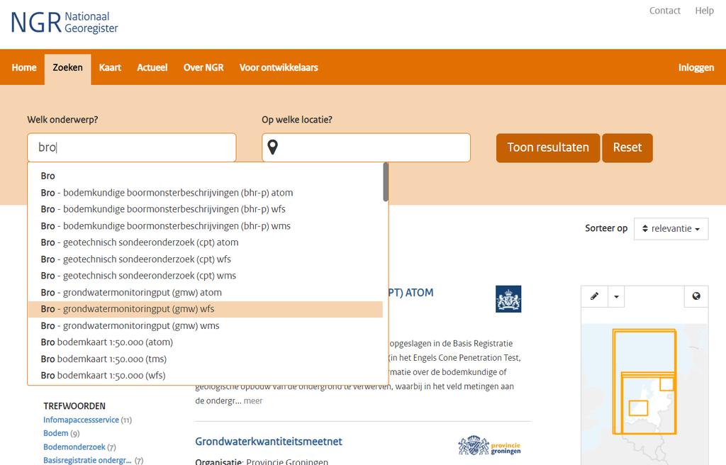 5.3.5 Nationaal Georegister en PDOK Het zoeken en vinden van BRO gegevens kan via het Nationaal Georegister (zie www.nationaalgeoregister.nl).