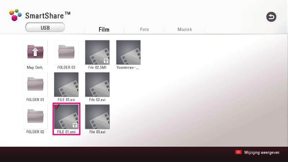 menu [Film]. 1. Gebruik de toetsen W/S/A/D om in het menu [Film] het ondertitelbestand dat u wilt afspelen te selecteren. 2. Druk op ENTER (b).