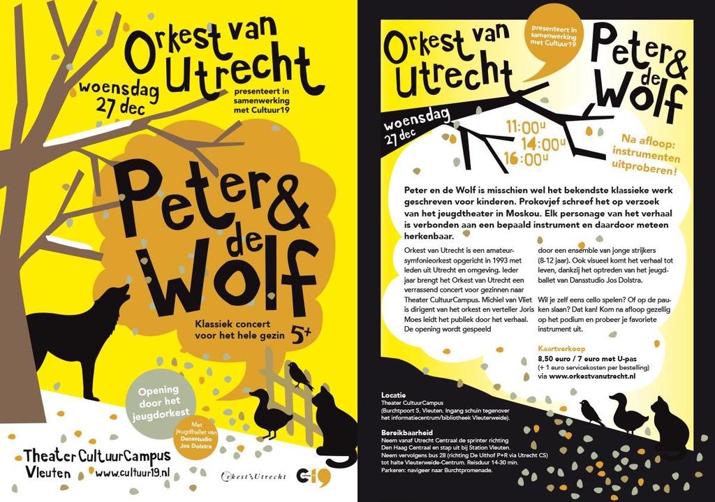 In de kerstvakantie: Op 27 december zal het orkest van Utrecht weer drie keer een kinderconcert geven. Dit keer voeren we Peter en de Wolf uit.