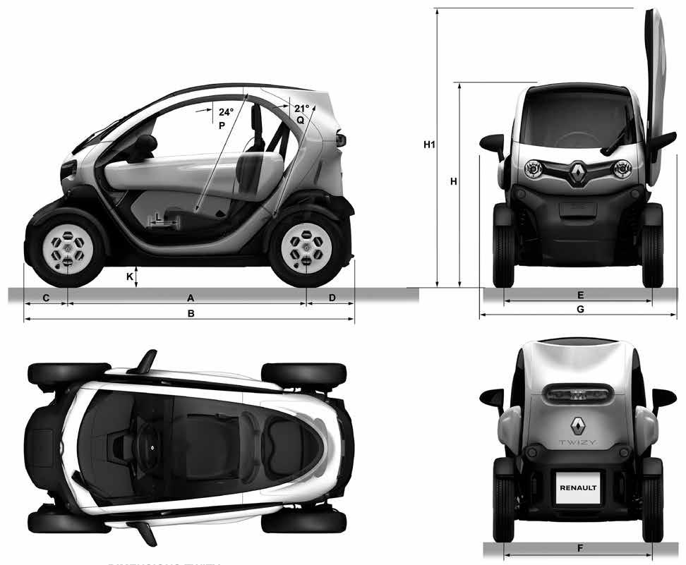 Afmetingen TWIZY VOLUME BAGAGERUIMTE (in dm 3 volgens ISO-norm 3832) Volume bagageruimte 3 Volume opbergruimte links 3,5 Volume opbergruimte rechts 5 AFMETINGEN (mm) A Wielbasis 686 B Totale lengte