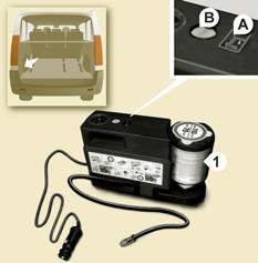 Wiel repareren Gebruik van de set BANDENREPARATIESET De bandenreparatieset bevindt zich links achter in de auto.