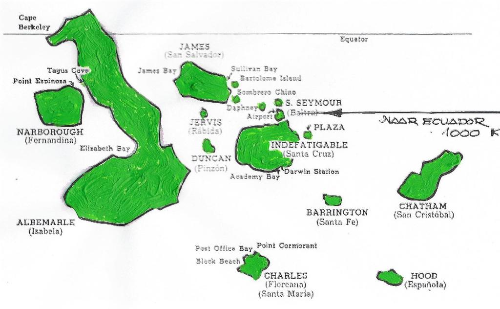 DE GALAPAGOS EILANDEN Deze eilandengroep ligt gedeeltelijk onder de evenaar, op een afstand van 1000 kilometer vanaf het vasteland van Zuid-Amerika (Equador).