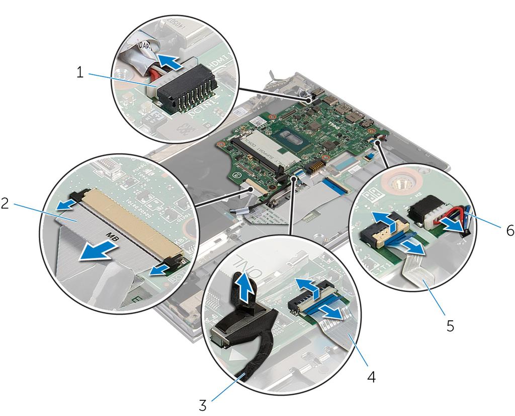 7 Koppel de kabels van de luidsprekers en van de netadapterpoort los van het moederbord.