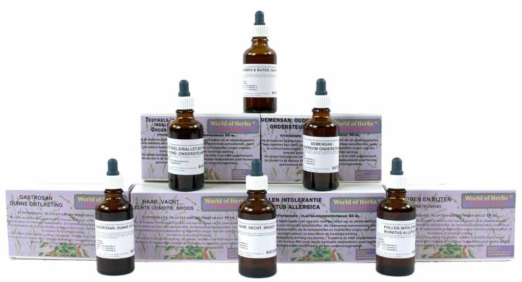 world of herbs fytotherapie 60 verschillende tincturen, bijvoorbeeld: demensan ouderdom 50 ml [390421] gastrosan bij dunne ontlasting 50 ml [390371] haar/vacht broos 50 ml [390378] krabben/bijten 50