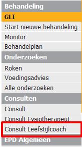 3.1 GLI - Consult leefstijlcoach, rol leefstijlcoach en prestatietype consult leefsltijlcoach toegevoegd Het consult leefstijlcoach is toegevoegd. In de GLI module is deze in het linkermenu te zien.