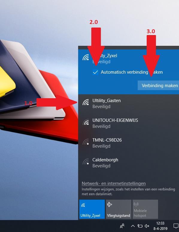 Kies uw netwerk in de lijst door er met de linkermuisknop op te klikken zie pijl 1.0. Vink de optie aan voor automatisch verbinding maken zie pijl 2.0. Kies de optie Verbinding maken zie pijl 3.0. Weet u de naam van het netwerk niet?