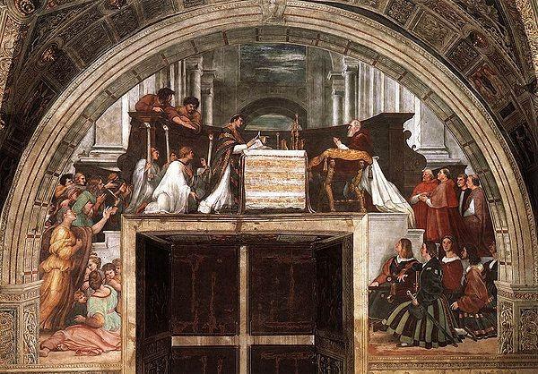 ceremoniële signum imperii. Deze staatssymboliek werd uitgangspunt van de fresco s in de aangrenzende vertrekken, de Stanza d Eliodoro en de Stanza dell Incendio.