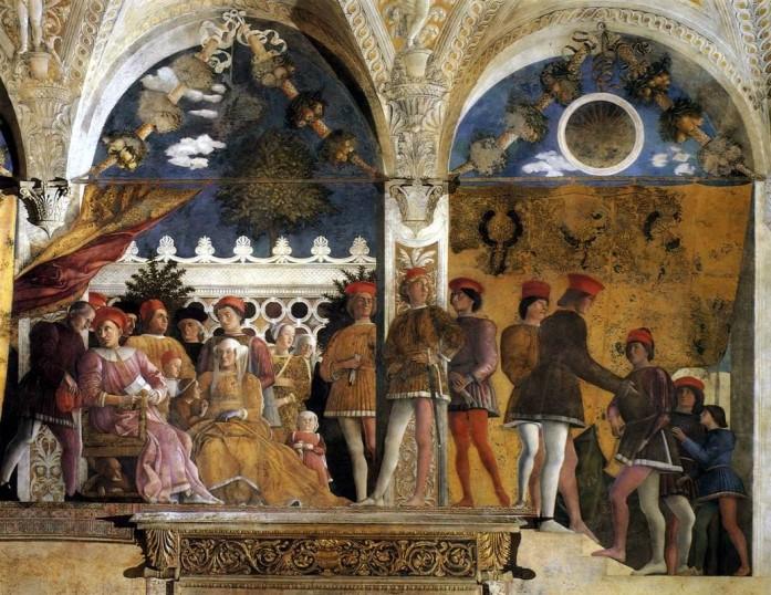 De zaal werd tussen 1465 en 1474 door Andrea Mantegna versierd. De fresco s roemen het rijke, luxueuze leven aan het hof van de Gonzaga s.