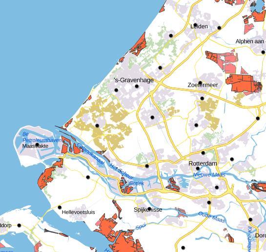 Figuur 6.19 Gebieden die in en buiten de spits niet binnen 15 minuten zijn te bereiken, Metropoolregio Rotterdam Den Haag, 2017 bron: Geodienst Rijksuniversiteit Groningen 6.