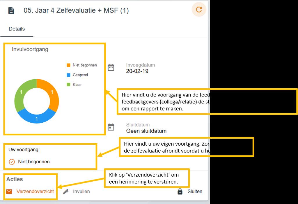 Voortgang en herinneren Bekijk de invul-voortgang van uw MSF om te bepalen of u al genoeg feedback hebt gekregen. Indien nodig verzendt u een herinnering naar uw feedbackgevers.