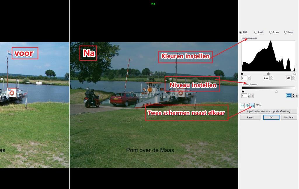 gebruikt, moet u eerst een foto kiezen U laat Onbewerkt en Bewerkt naast elkaar zien U kiest RGB (=Rood, Groen,