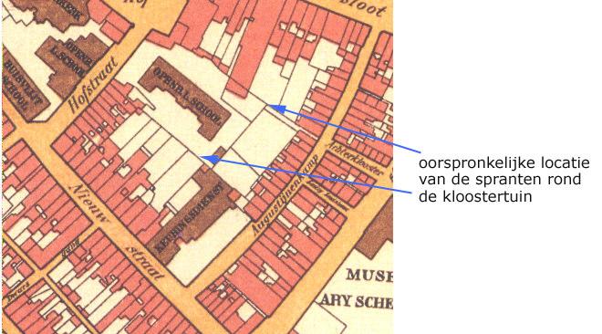 Op de kaart is het (klooster)tuinterrein, de spranten en de achterterreinen van de bebouwing aan de Nieuwstraat, Augustijnenkamp en het Steegoversloot te zien (afb. 5).