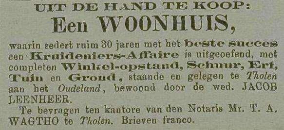 Wilhelmina van Haaften, vrouw van Jacob Leenheer Jacobszn., Tholen. 1. Schakerloo I 507 huis en erf 0.03.40 ha dj 1874 successie 2. I 508 tuin 0.09.00 1862 Percelen komende van nr.