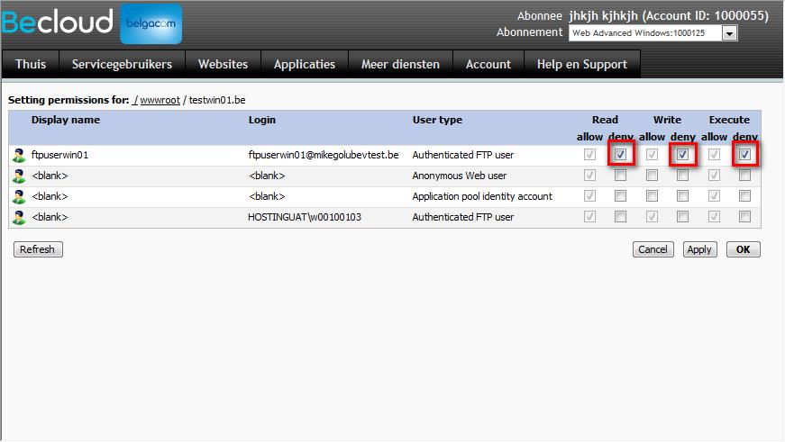 Dit zal je te zien krijgen: Door middel van het vakje te selecteren bij de gebruiker. In dit geval ftpuserwin01 kan je lees/schrijf en uitvoer rechten aanpassen.