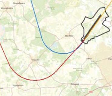 Figuur 11 Huidige (rood) en nieuwe vertrekroute (blauw) in zuidwestelijke richting De route zal alleen gevlogen gaan worden door burgervliegtuigen.