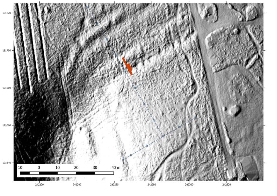 Fig. 9: Locatie van de evaluatiesleuf en de basislijn geprojecteerd op hillshade