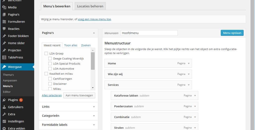 Projecten De projecten worden niet gebruikt op de LOA sites. Menu s Weergave > Menu s Uw website maakt gebruik van 1 menu, genaamd Hoofdmenu. Dit menu bevat hoofdpagina s en subpagina s.