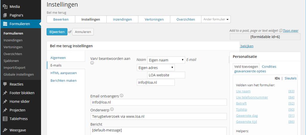 Formulierinstellingen Bij de instellingen van het bericht (tab naast de bewerken tab, wanneer u een formulier aanpast) kunt u het label van de knop onder het formulier instellen (dit doet u bij Tekst