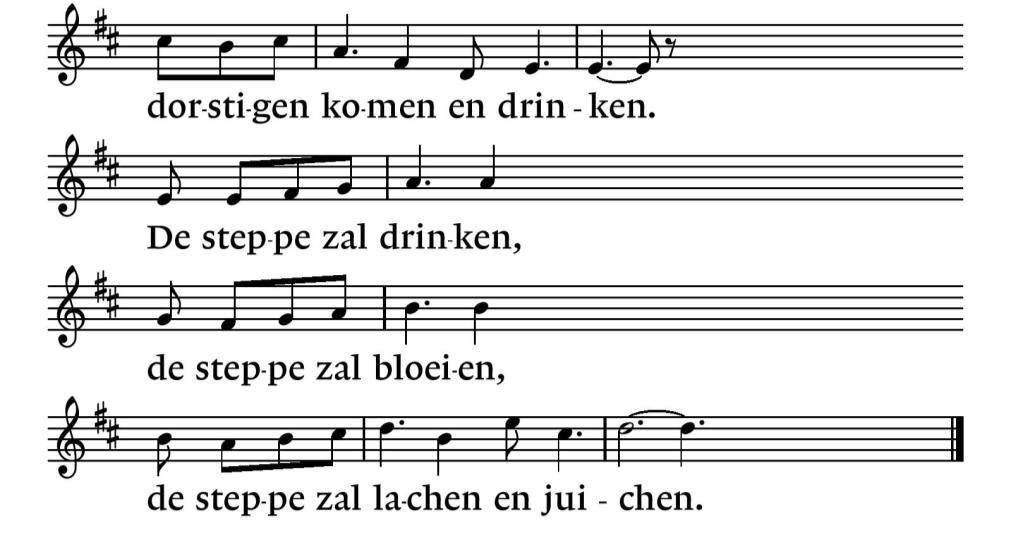 2. De ballingen keren zij keren met blinkende schoven. Die gingen in rouw tot aan de einden der aarde één voor één, en voorgoed die keren in stoeten.