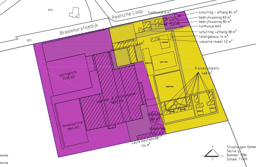 SITUATIE - BEBOUWING zorgwoning en recreatieruimte, bedrijfswoningen, vakantiechalet, toiletgebouw, chalets Het plangebied is te zoneren in een op de paardenhouderij en een op de recreatie gericht