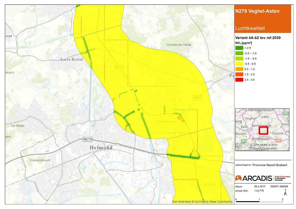 Figuur 8-45 Verschilplot stikstofdioxide (NO2), variant 4A-a2 referentiesituatie 2030