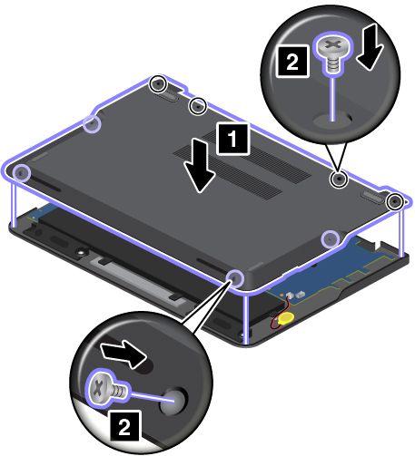 4. Plaats de nieuwe klep aan de onderkant van de computer 1 en monteer de schroeven 2. 5. Draai de computer weer om. Sluit de netvoedingsadapter en alle kabels aan.