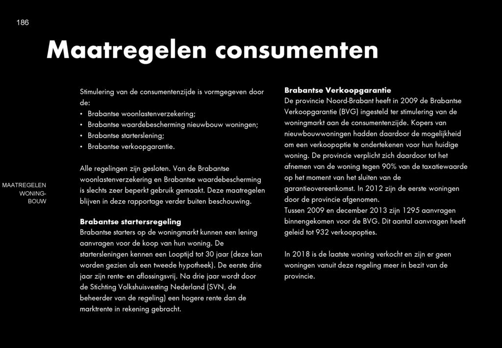 186 Maatregelen consumenten MAATREGELEN WONING BOUW Stimulering van de consumentenzijde is vormgegeven door de: ^ Brabantse woonlastenverzekering; ^ Brabantse waardebescherming nieuwbouw woningen; ^