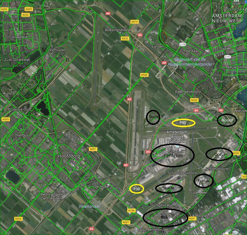 Schiphol, Fietstelweek, Hoofdfietsnet en VRA 07-11-2018 Het merendeel van de werkplekken (Zwarte cirkels) ligt ten zuid oosten van de A4 en ten noorden van de N196/N201.