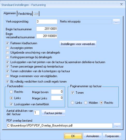 De verwijzing naar het juiste PDF-overlaybestand kunt u aangeven in de administratieinstellingen Facturering.