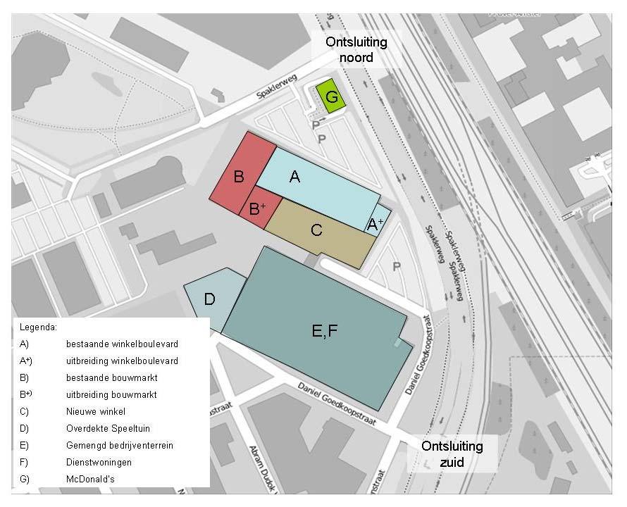 Figuur 2.1: Ligging bedrijfspanden terrein Spaklerweg 2.1 Ruimtelijk programma De huidige situatie bestaat uit een mix van perifere detailhandel en bedrijfsruimtes.