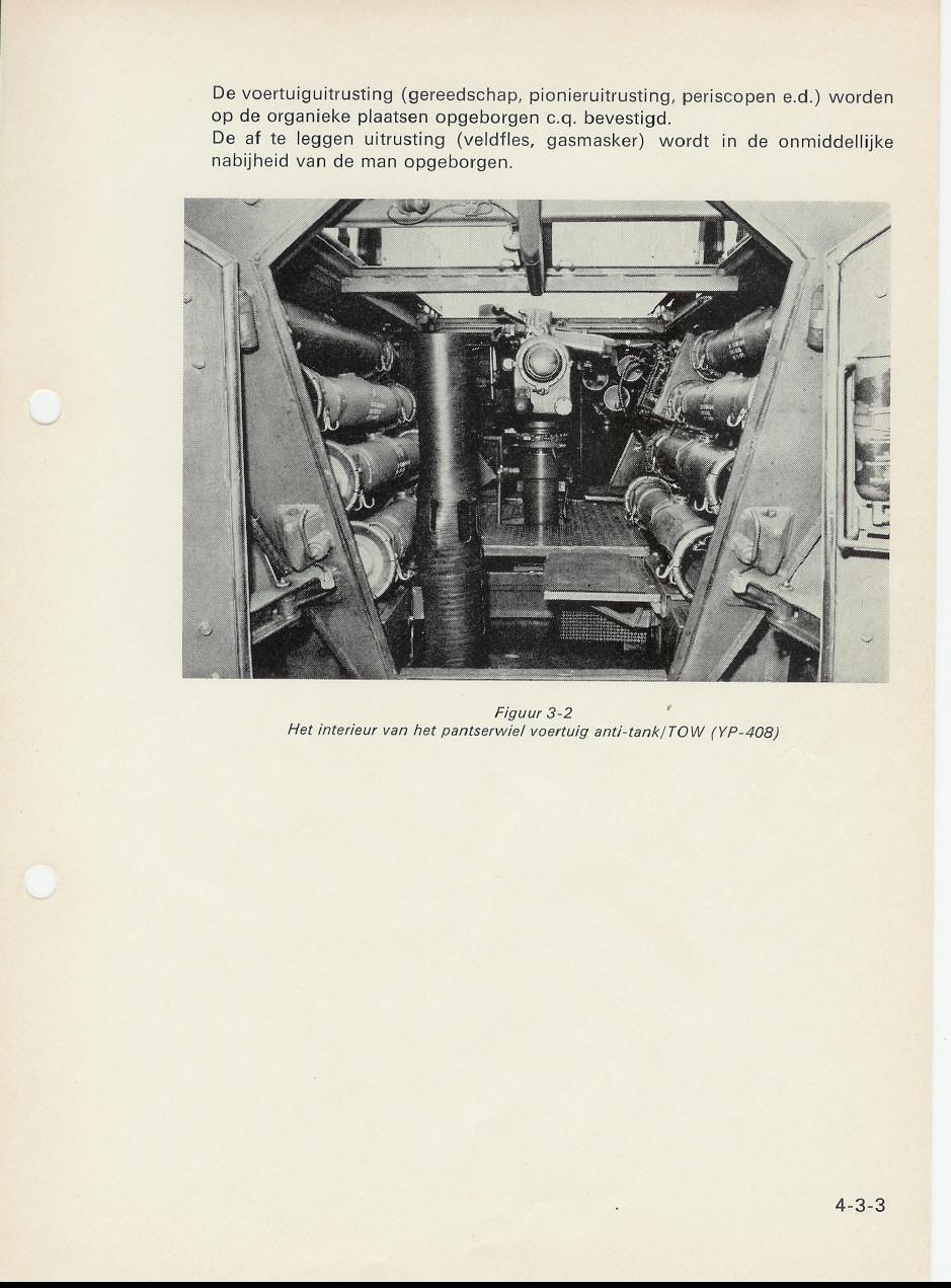 De voertuig uitrusting (gereedschap, pionieruitrusting, periscopen e.d.) wordim op de organieke plaatsen opgeborgen c.q. bevestigd.