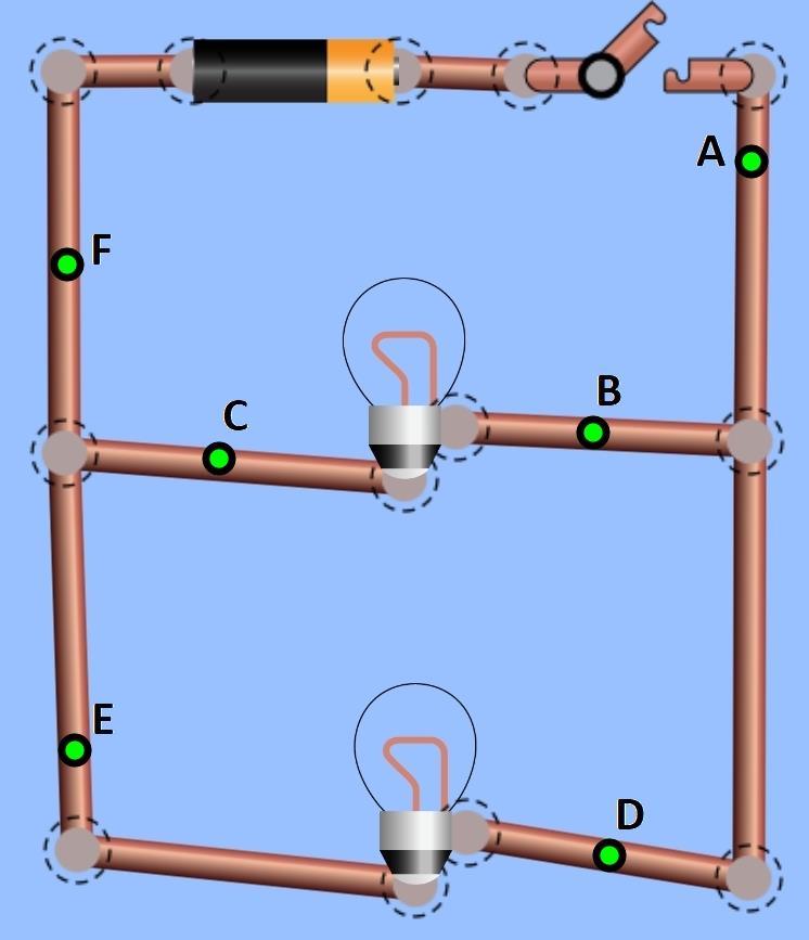 Opdracht C3 Bouw de onderstaande parallelschakeling, met behulp van het online simulatieprogramma (voer deze oefening online uit). Meet de stroomsterkte in de punten A t/m F.
