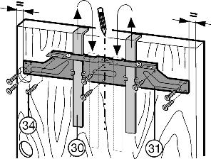 22 (30) naar boven eruit en schuif ze gedraaid in de ernaast gelegen opnameopeningen. Fig. 23 u De kastdeur op de stelbouten Fig. 23 (33) inhangen en contramoeren Fig.