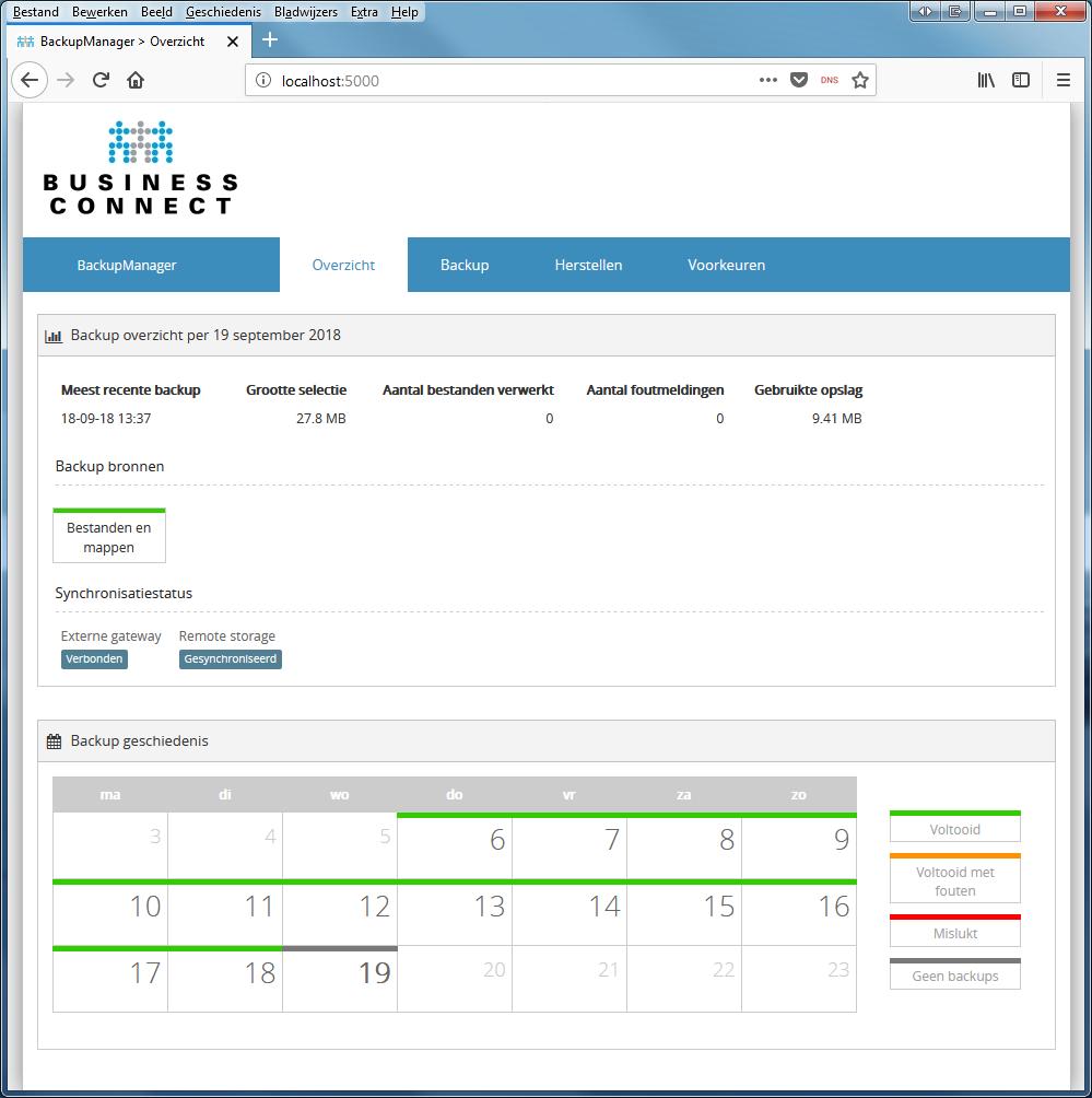 Beheer van uw backups via de lokale werkplek Beheer van de backuptaken geschiedt door in een ondersteunde browser naar het volgende adres te gaan: http://localhost:5000 Aangezien u gebruikersrechten