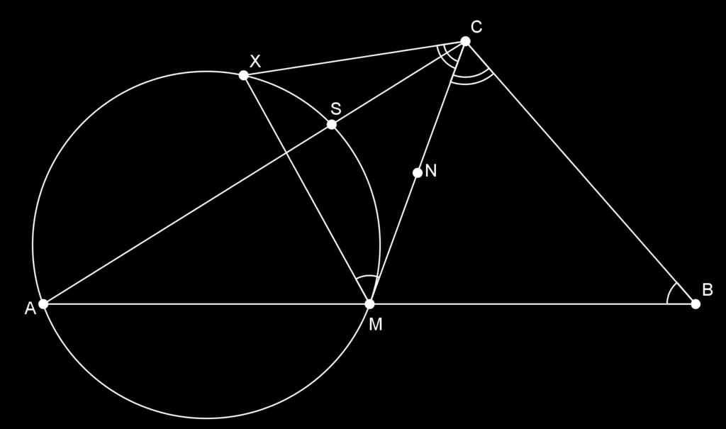 Opgave 4. In driehoek ABC is M het midden van AB en N het midden van CM. Zij X een punt dat voldoet aan XMC = MBC en XCM = MCB, zo dat X en B aan verschillende kanten van CM liggen.