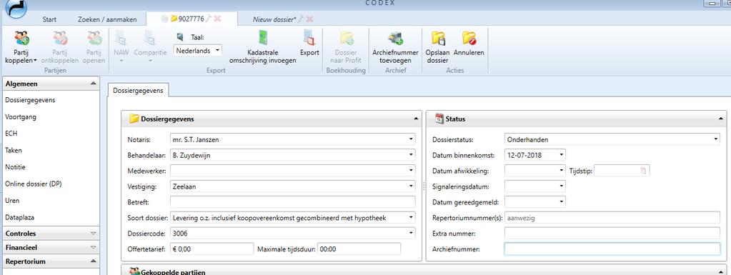de soorten dossiers: Dossiers (zaken) Als de bekende velden zijn ingevuld,